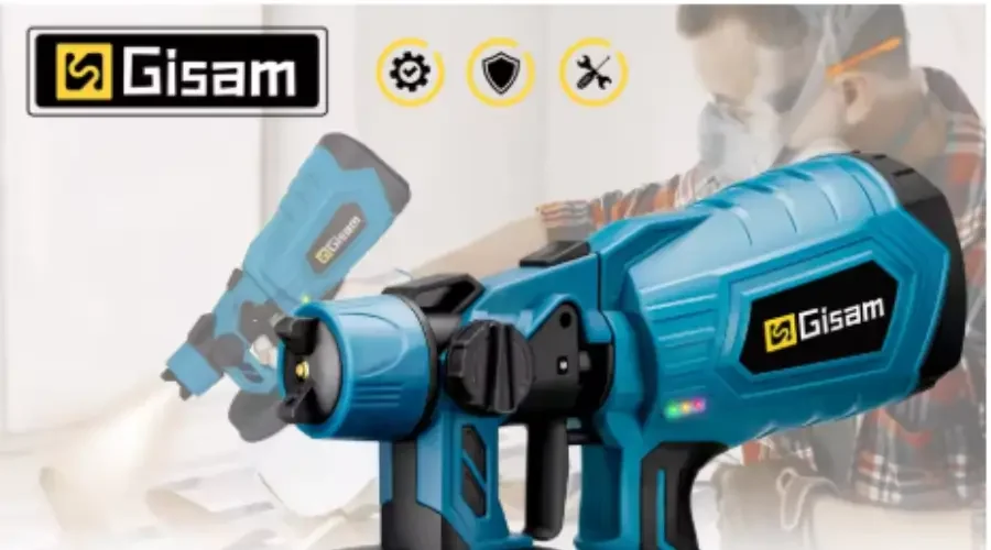 Pistola de pintura elétrica Gisam azul com reservatório, em imagem de divulgação